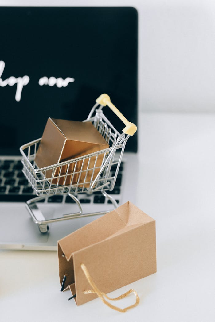 why-choose-us A miniature shopping cart with a parcel on a laptop symbolizes online shopping and e-commerce.